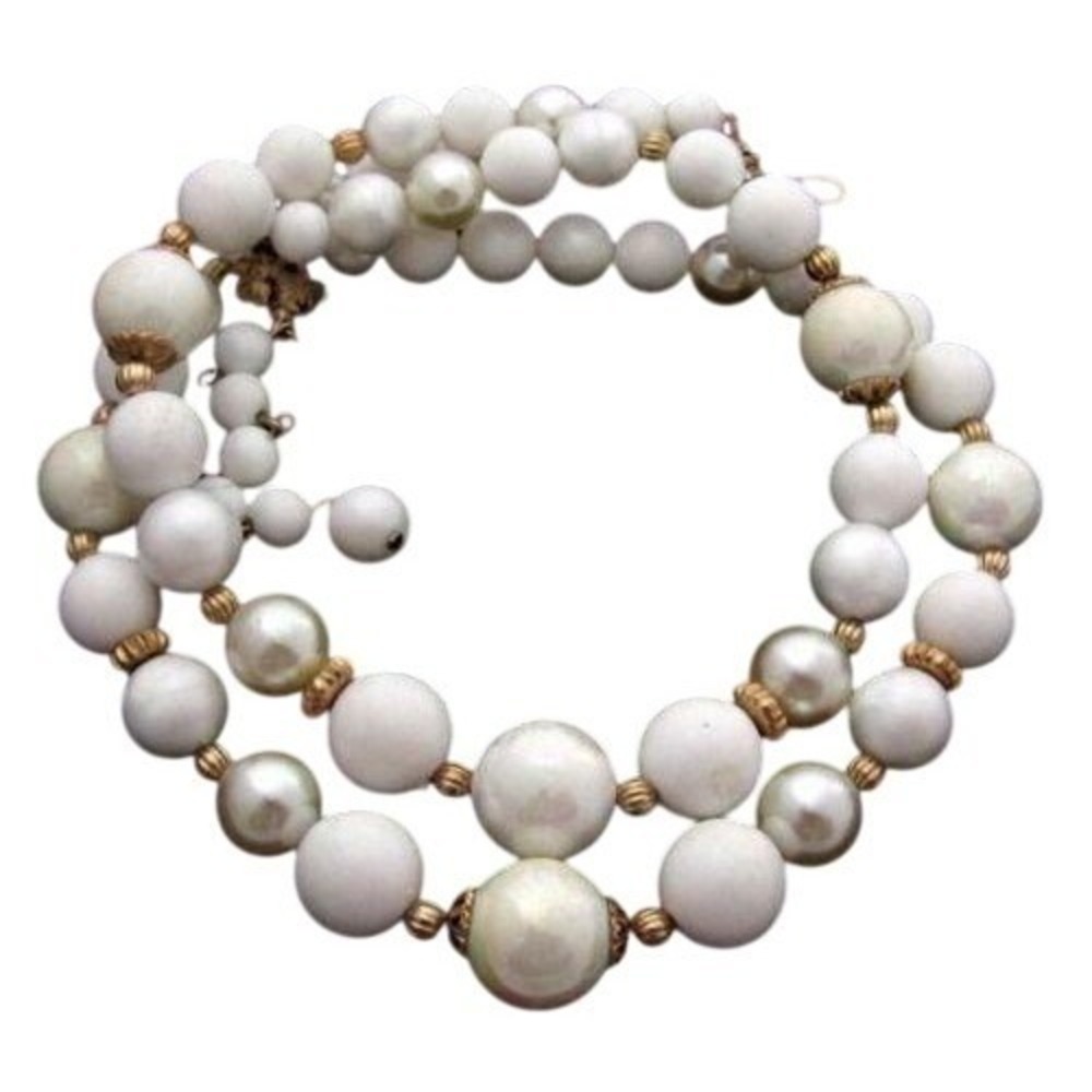 Vintage Designer Signed Coro White & Faux Pearl 2 Row Adjustable Necklace‎